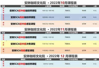 安琳咖啡文化院 课程表（2022年10月-2022年12月）